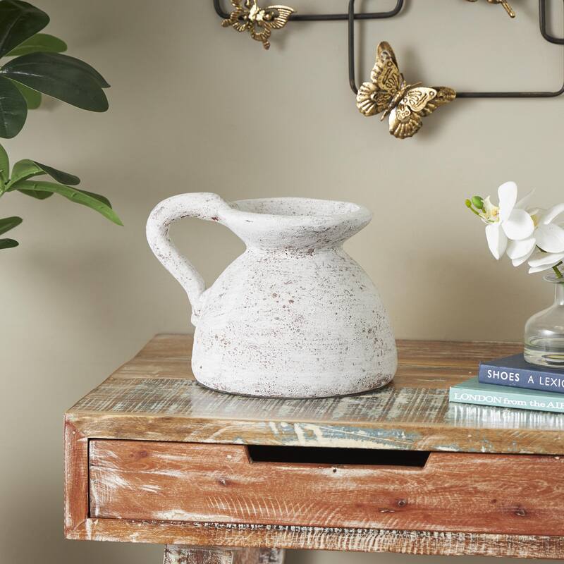 Ceramic Antique Style Textured Pot Decorative Vase with Handle - Cream - Roche River Decor