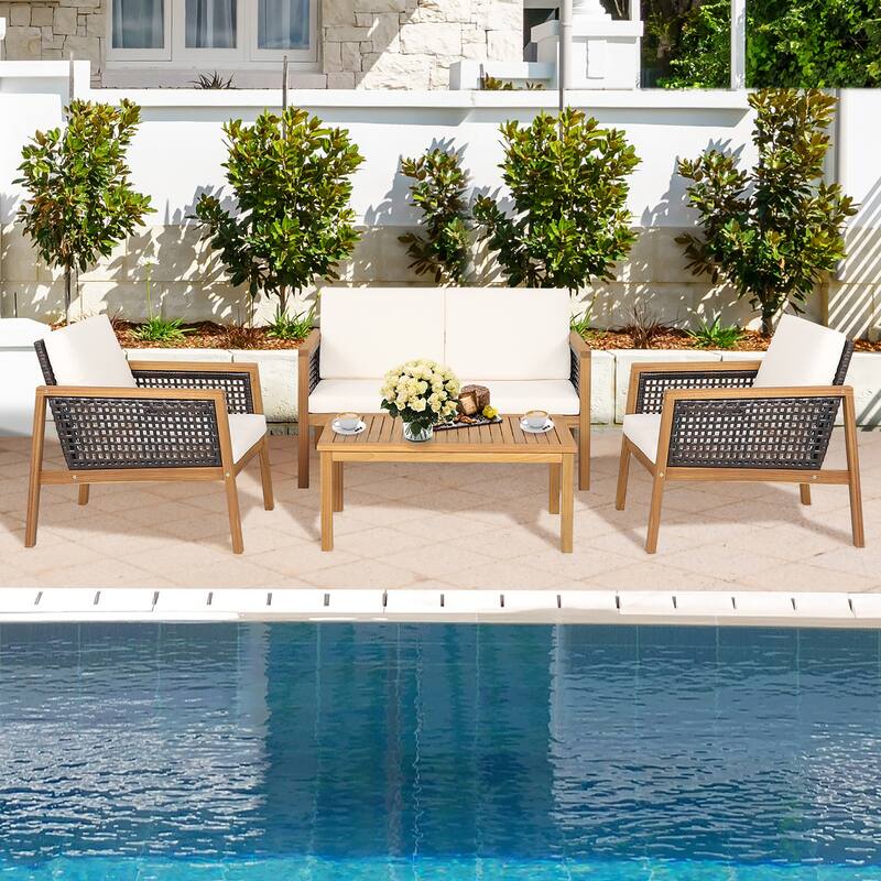 Costway 8PCS Patio Rattan Furniture Set Acacia Wood Cushioned Sofa Off
