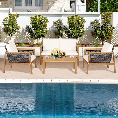 Costway 8PCS Patio Rattan Furniture Set Acacia Wood Cushioned Sofa Off