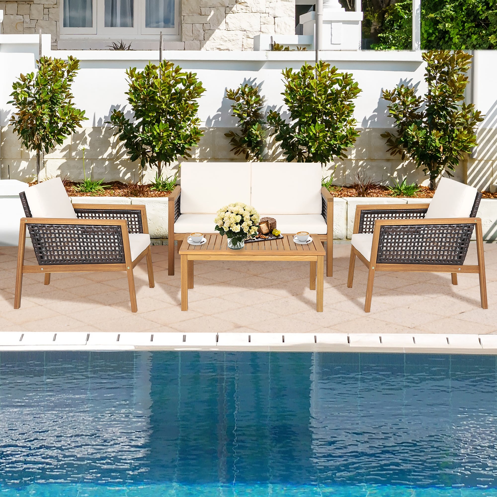 Costway 8PCS Patio Rattan Furniture Set Acacia Wood Cushioned Sofa Off
