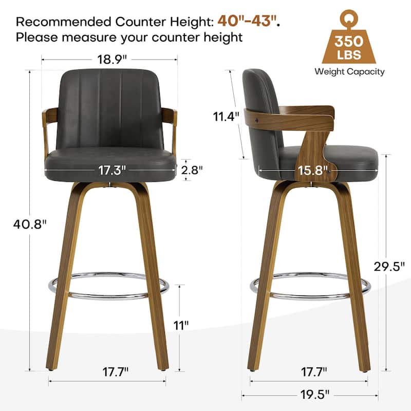 Upholstered Swivel Barstool with Arms and Bentwood Legs - 40.8"H x 18.9"W x 19.5"D/19.3"D