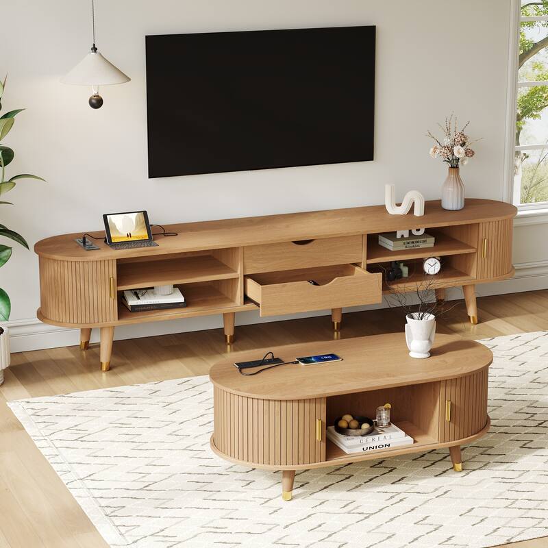 Wooden TV Stand and Coffee Table Set of 2, Sliding Door TV Cabinet TV Console with Charging Station for TVs up to 80", Natural