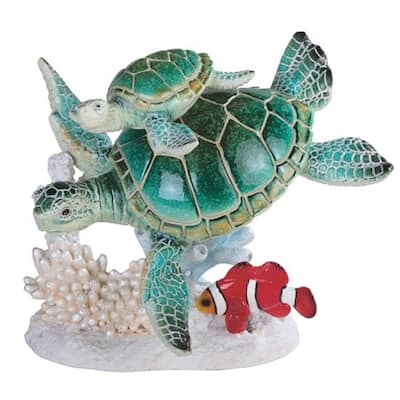 Q-Max 6.5"H Green Sea Turtle and Baby Swimming with Clownfish Statue Marine Life Decoration Figurine