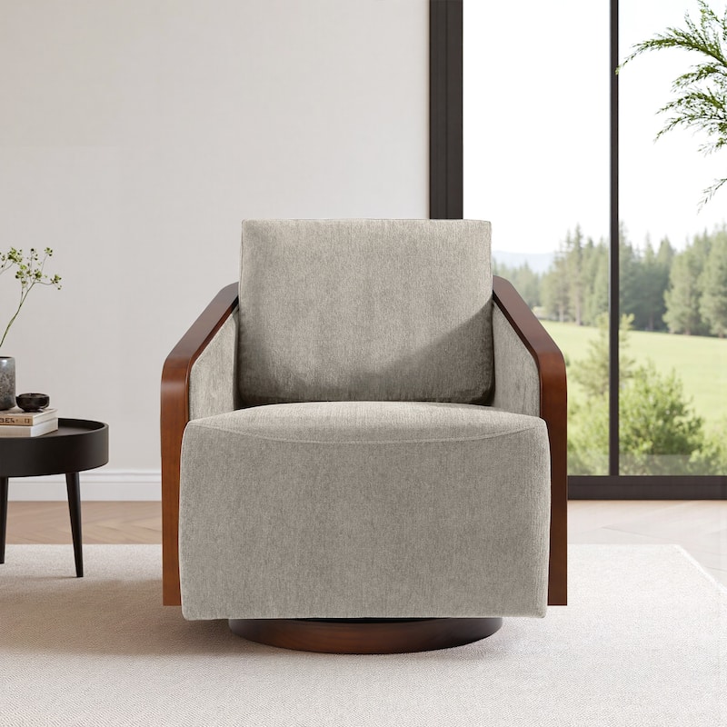 Upholstered Swivel Barrel Chair with Curved Wood Arms
