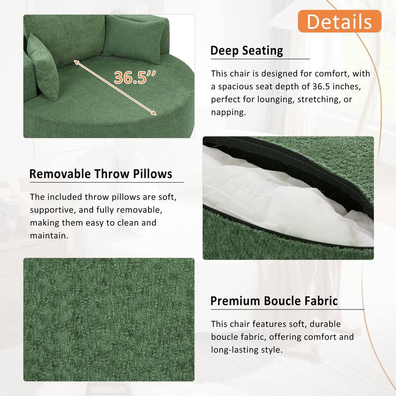 360° Swivel Accent Chair, Oversized Chenille Upholstered Round Barrel Chair, Lounge Reading Chair with 3 Removable Pillows