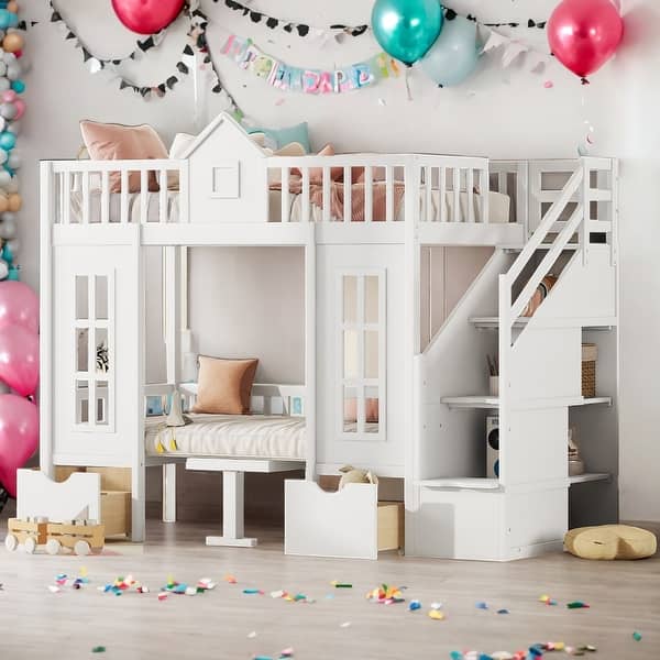 slide 2 of 9, Twin over Twin Bunk Bed With Changeable Table,Conversation Desk for Home White