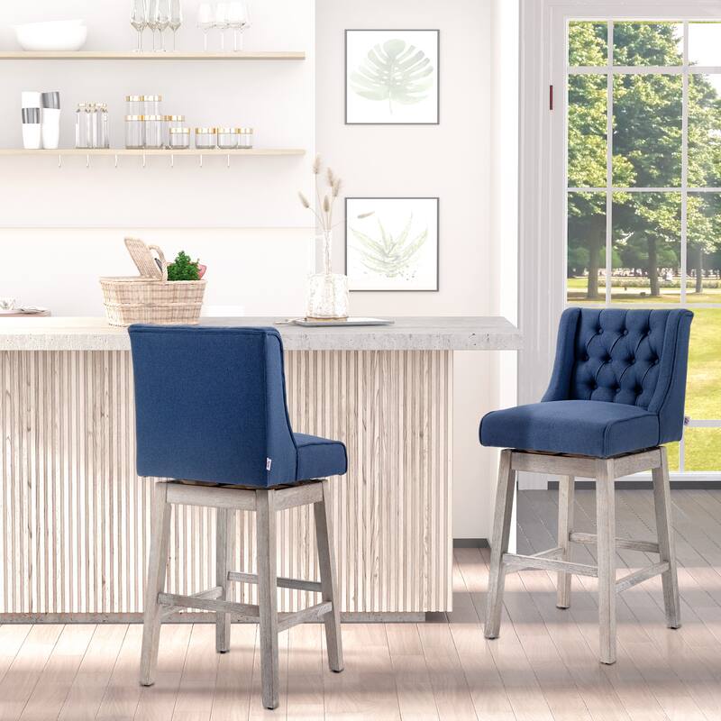 HOMCOM 2 Piece Bar Height Chair Swivel Barstool with Integrated Footrest, Solid Wood Design, and a 180 Degree Rotation, Beige