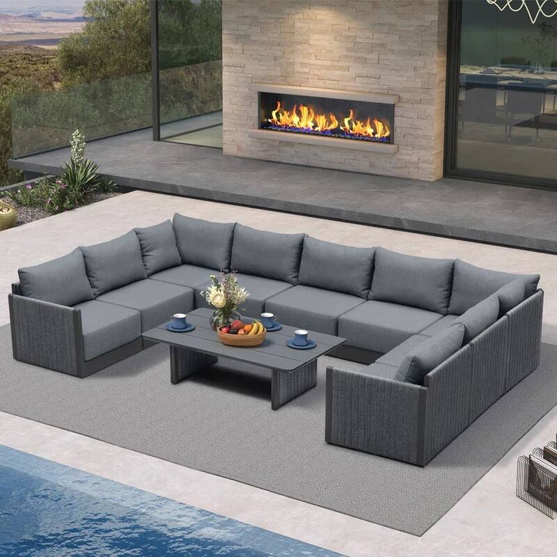 PURPLE LEAF Santorini U-Shaped 10 Piece Grey Sofa with Ottoman and Cushion for Garden Outdoor Patio Conversation Set - 9Piece+1Table
