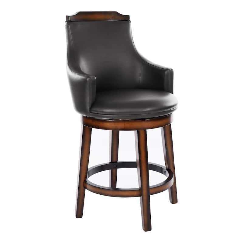 Swivel Counter Height Chairs Set of 2, Dark Brown Faux Leather Upholstered Wooden Dining Furniture