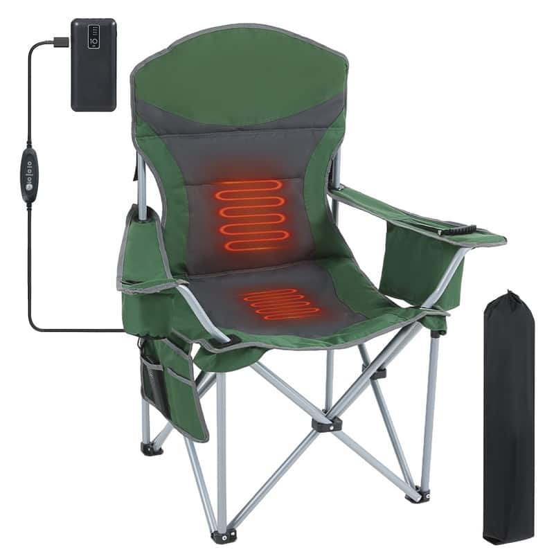 Heated Portable Camping Chair with Power Bank, Cooler Bag, Foldable Outdoor Sports Seat with Carry Handle (Green & Gray) - Green & Gray 1 Pack