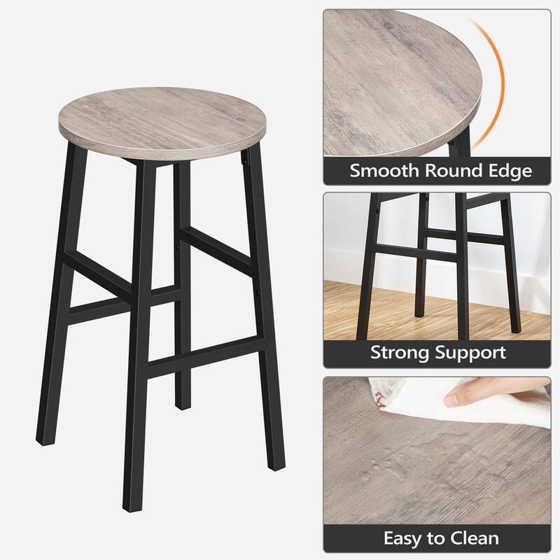Bar Stools, Set of 2 Round Bar Chairs with Footrest, 24.4 Inch Kitchen Breakfast Bar Stools, Industrial Bar Stools