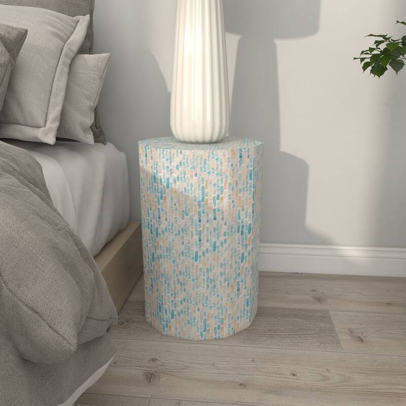 Blue Mother of Pearl Shell Handmade Mosaic Inlay Drum Accent Table