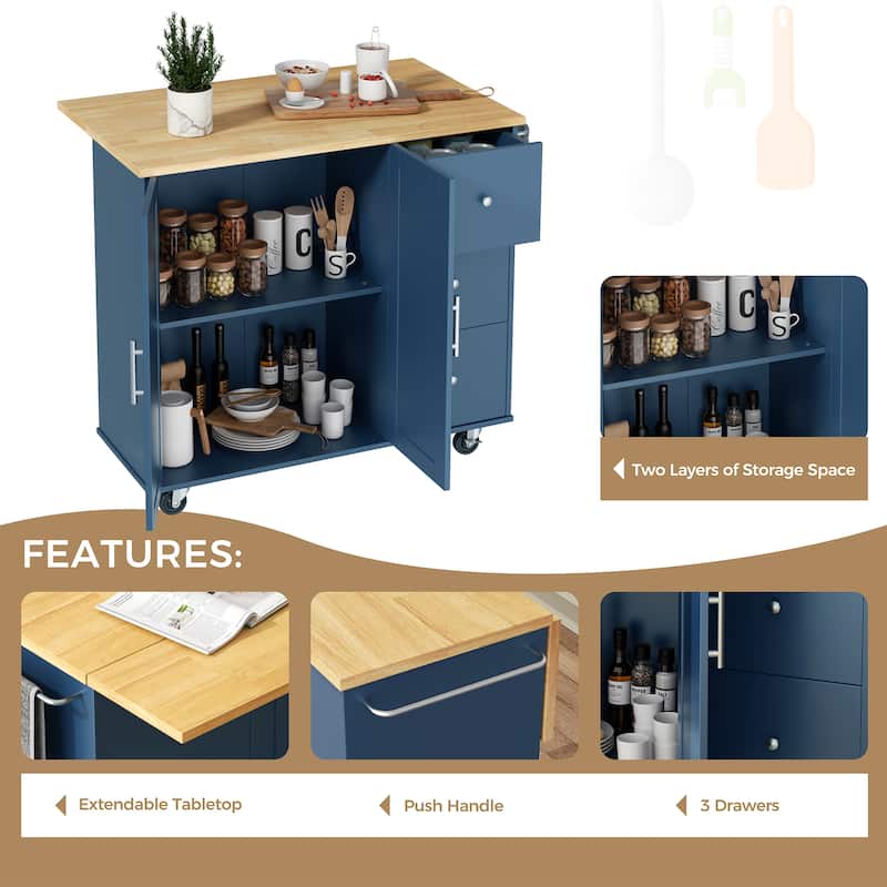 Rolling Kitchen Island with Storage Cabinet & 3 Drawers – Mobile Storage Cart with Extendable Countertop for Small Spaces