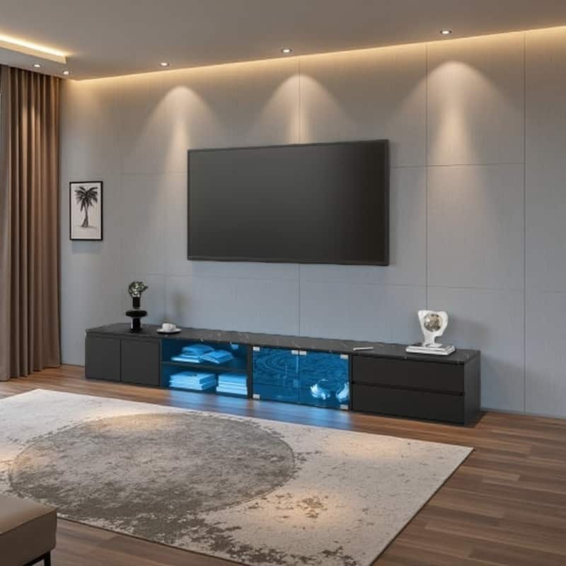 TV Stand for TVs up to 105", Modern Faux Marble Media Console with LED Lights, Tempered Glass Doors, 2 Drawers, Cabinets - Black
