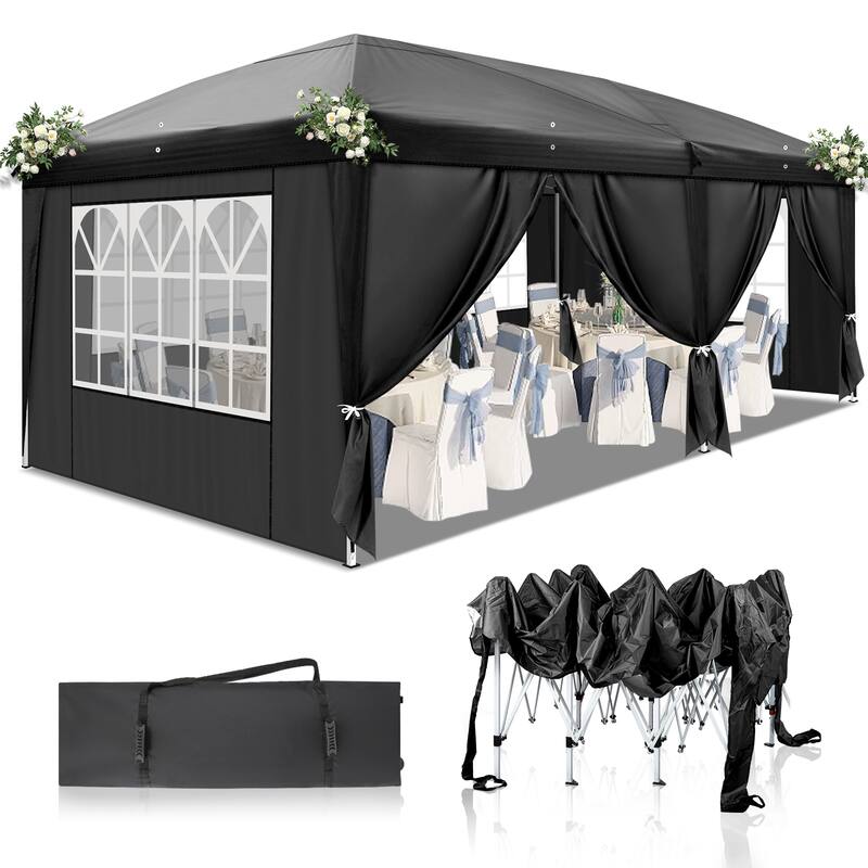 Large Waterproof Outdoor Event Tent 20x10 ft with Windows and Doors Heavy Duty Steel Frame Canopy for Parties Camping - Four Windows - Black