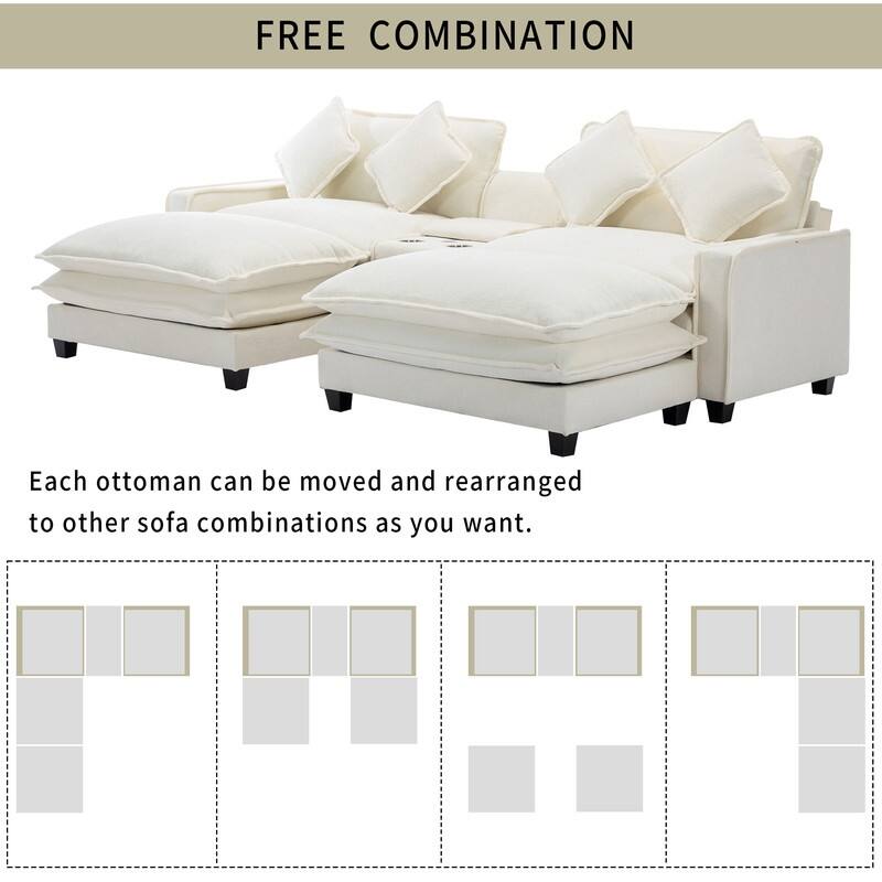 112.6 "Chenille Upholstered Sofa, Two Removable Ottomans, Two USB Ports