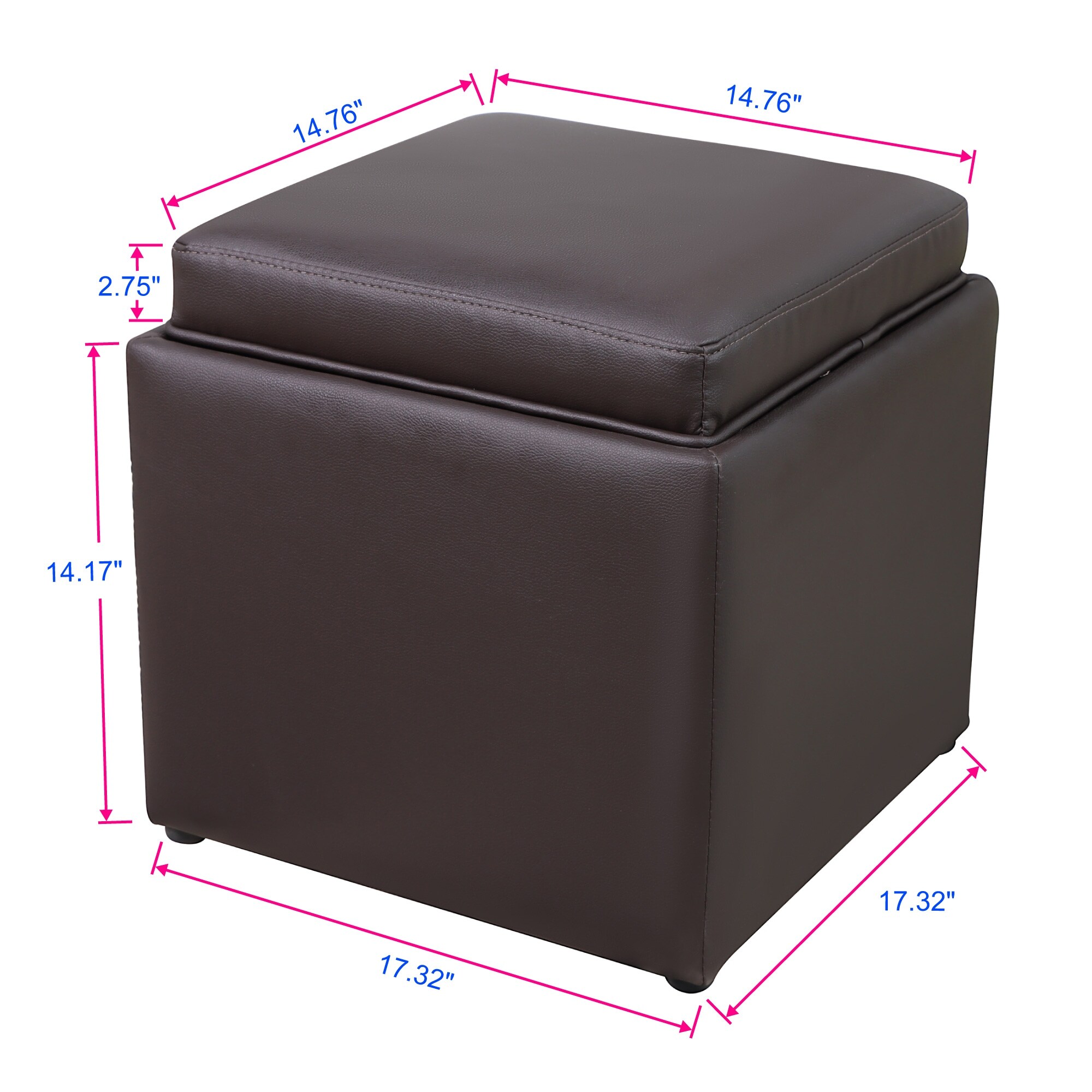 Square Storage Ottoman with Tray Faux Leather Upholstered Footrest