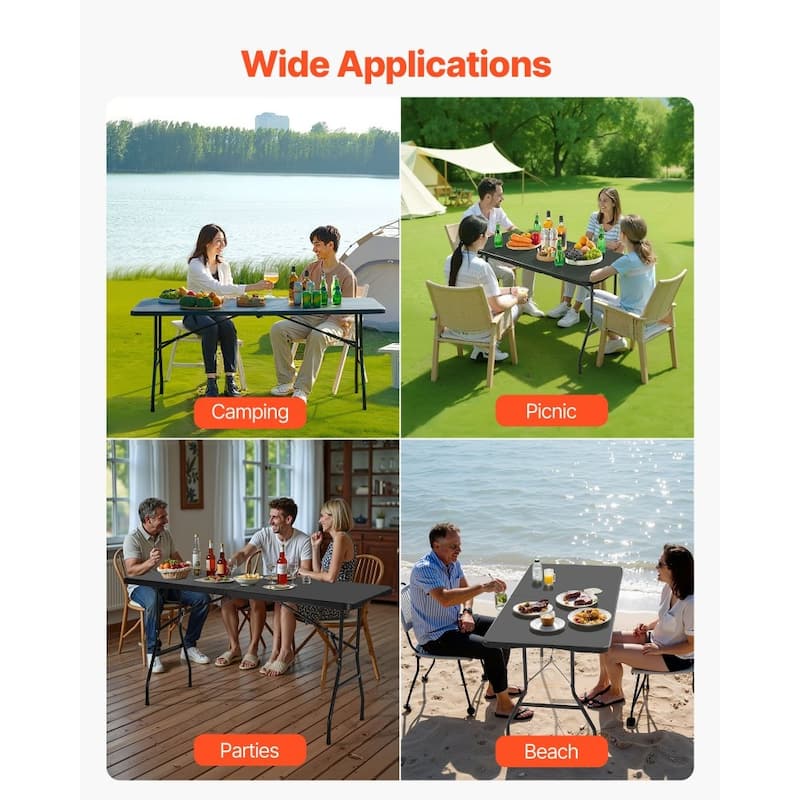 6FT Folding Camping Table Portable Picnic Desk with HDPE Top and Steel Legs for Outdoor BBQ