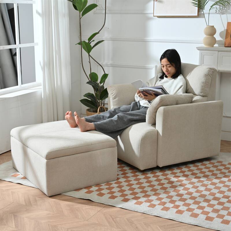 Mid-Century Wide & Deep Seat Accent Armchair with Srotage Ottoman - Beige+Grey