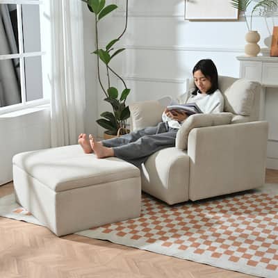 Mid-Century Wide & Deep Seat Accent Armchair with Srotage Ottoman