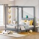 preview thumbnail 13 of 39, Canvas-upholstered Canopy Bed - Platform Wingback Bed Frame with USB, Type-C Ports Headboard, 4 Canopy Columns, 2 Sides Pocket