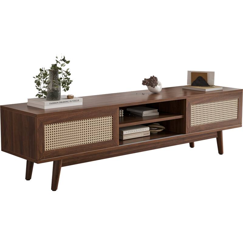 75" Rattan TV Stand, Wood TV Stand with Storage, Mid Century Modern TV Stands for Living Room, Boho Media Console