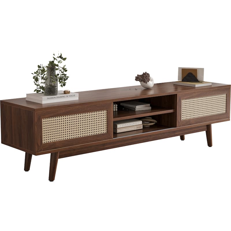 PE Rattan TV Stand with Open Storage & Cabinet, Mid Century Modern Entertainment Center with Cable Management, Walnut