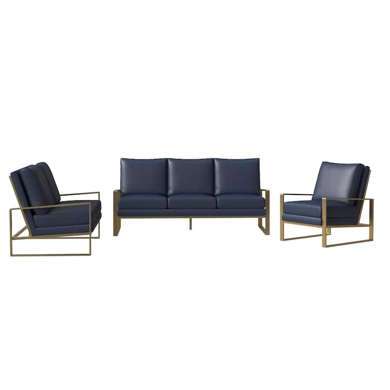 LeisureMod Modern 3-Piece Leather Sofa Set For 6 - Includes Sofa, Loveseat & Accent Chair for Home Office Living Room Bedroom
