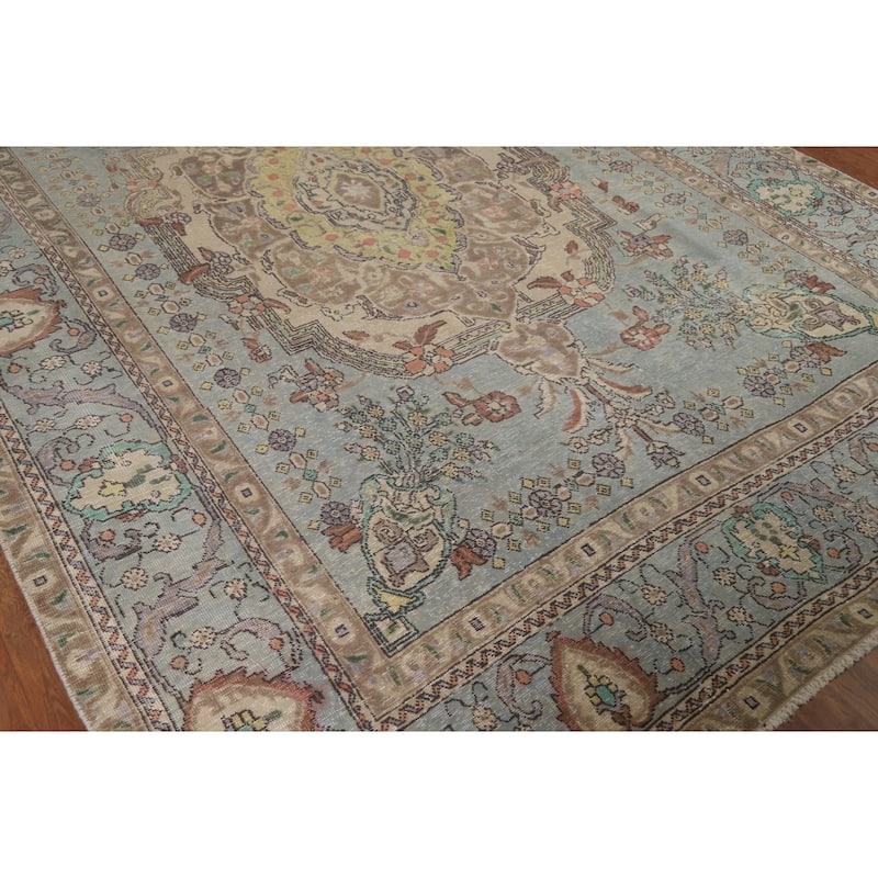 Hand Knotted Oriental 100% Wool Carpet Traditional Medallion Navy Blue & Blues Tabriz Area Rug - 10' 9'' X 7' 8''
