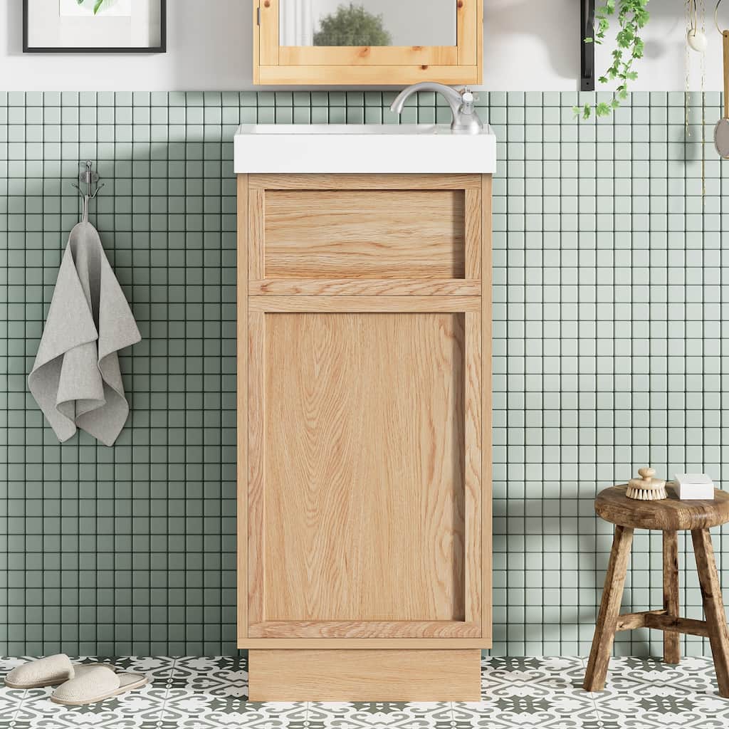 Roomfitters 15.75" Bathroom Vanity with Resin Sink, Adjustable Shelf, Push-to-Open Reversible Door, Wood