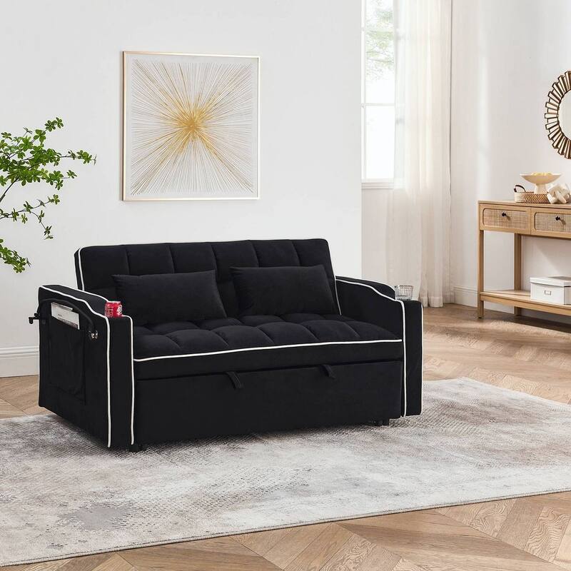 55.51'' Modern Versatile Foldable Sofa Bed With Adjustable Back and USB Port and Ashtray and Swivel Phone Stand