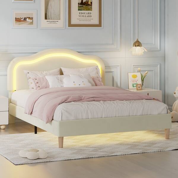 slide 2 of 10, Twin Size Velvet Upholstered Smart LED Bed with Adjustable Height Headboard Beige