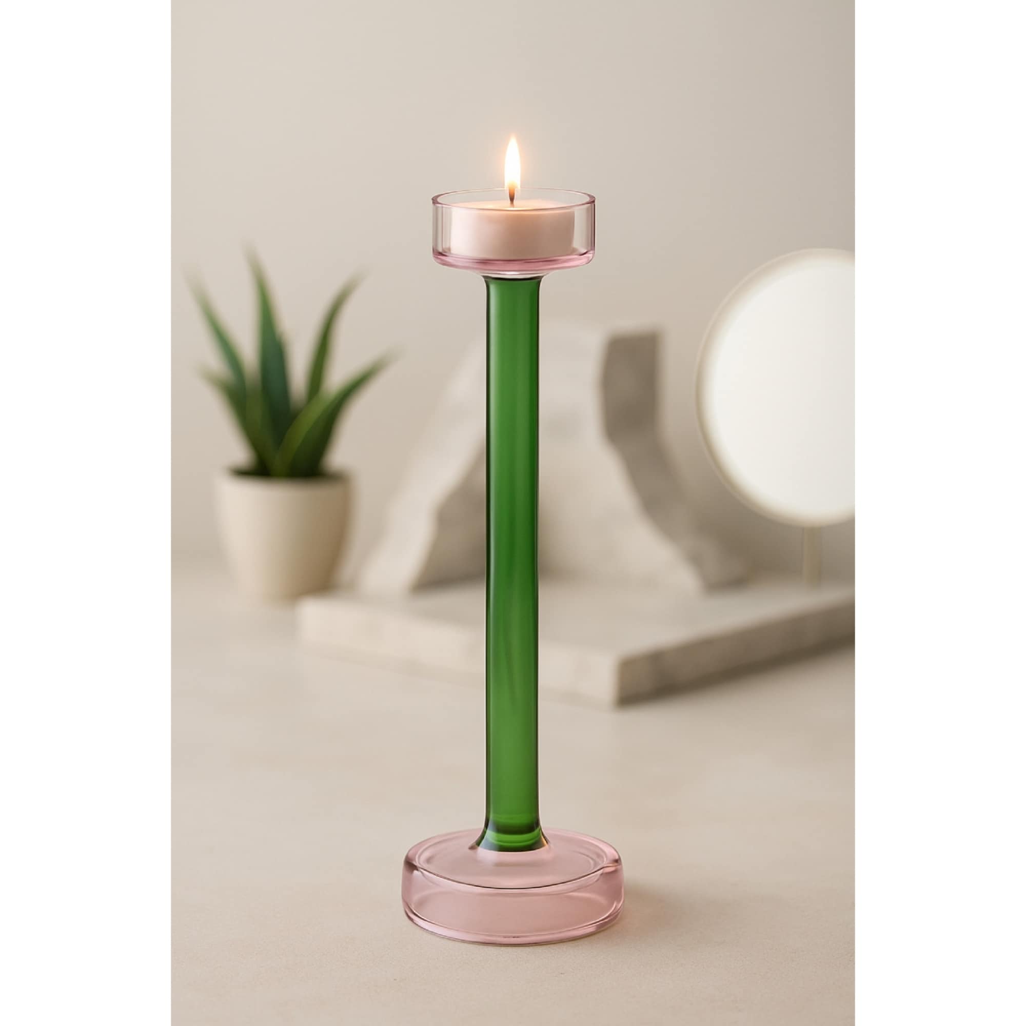 Small Transparent Glass Tealight Candle Holder 10.5" Green and Pink