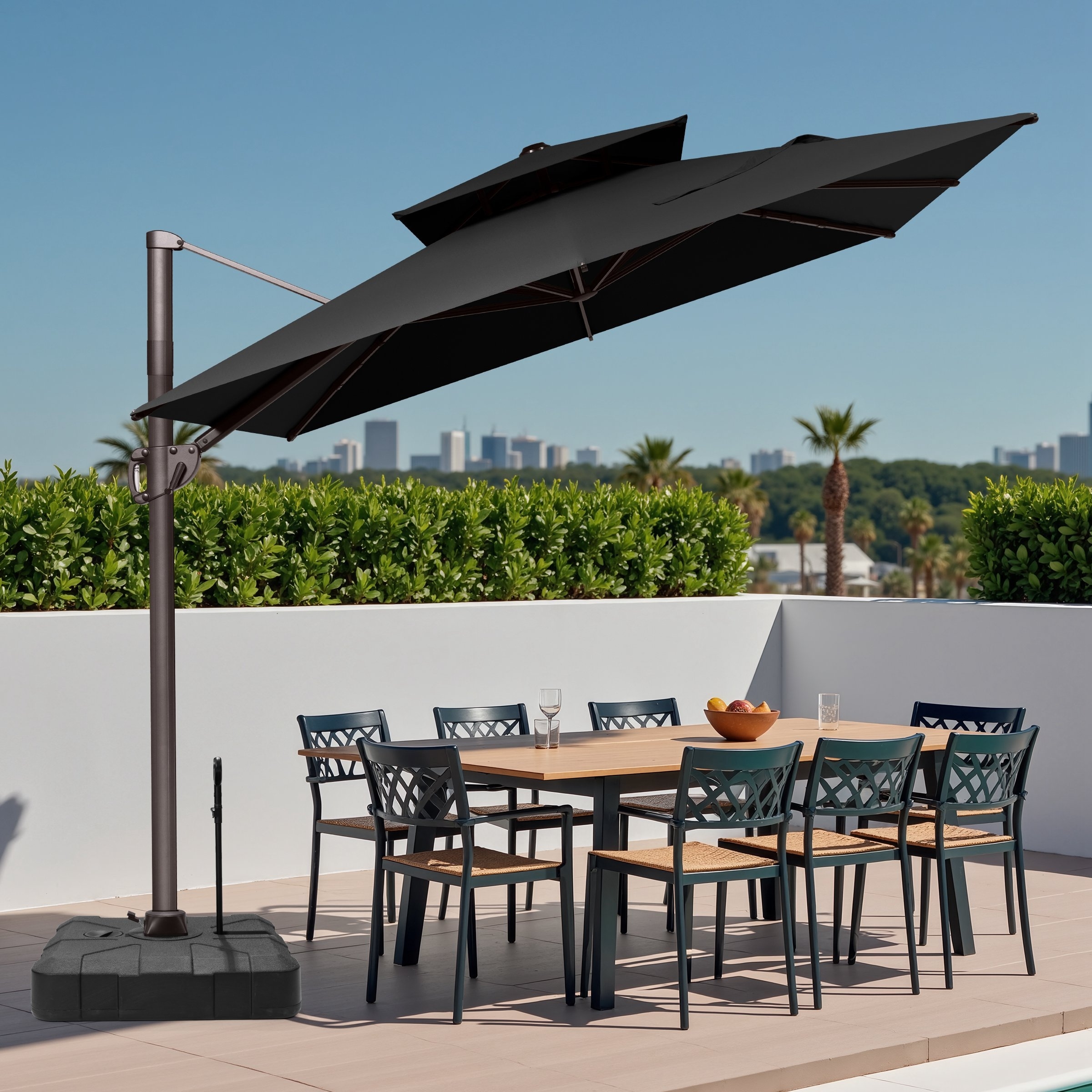 9x11 FT Rectangular Aluminum Outdoor Patio Double Top Cantilever Umbrella with Rod Base