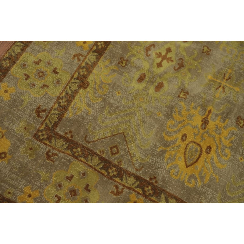 Hand-knotted Transitional Silk Carpet Green Oushak Rug Geometric Oriental Area Rug - 8' 0'' X 4' 11''