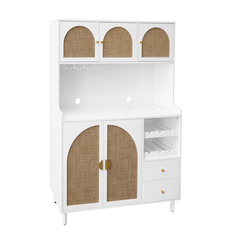 Roomfitters Accent Storage Cabinet with Rattan Doors, Buffet Sideboard with Wine Rack and Drawers, White