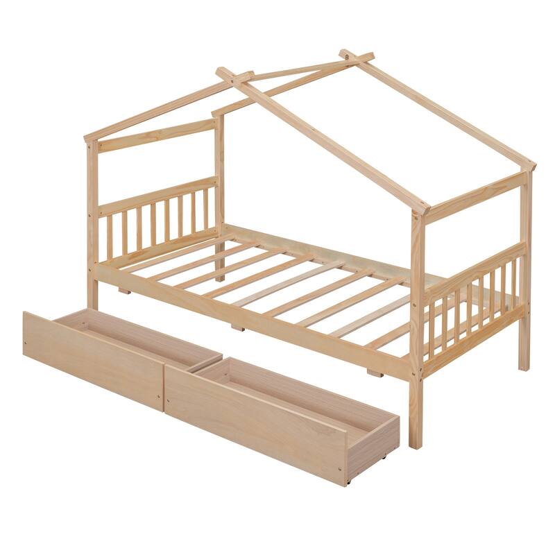 Twin Size Wooden House Bed with Drawers, Kids House-Shaped Daybed with Roof and Storage, Pinewood Frame, No Box Spring Needed