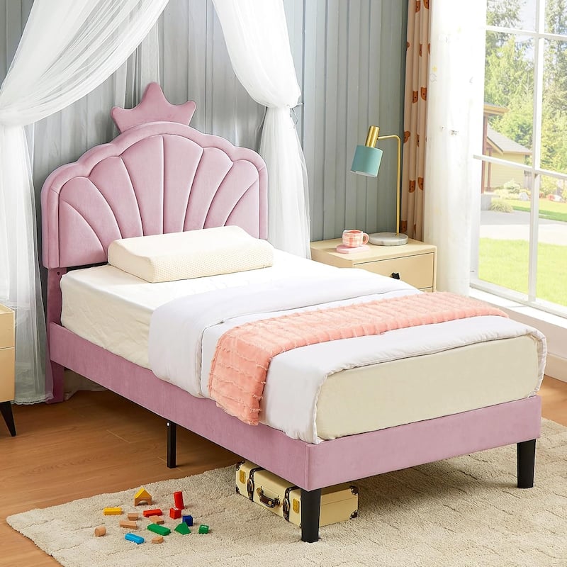 Javlergo Twin Size Platform Bed Frame with Crown Headboard Adjustable Height Upholstered Princess Bed for Kids