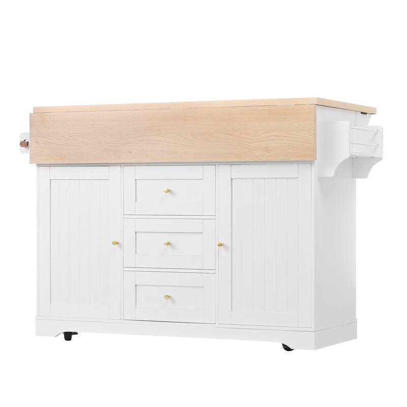 47" Multifunctional Kitchen Island Cart with US Outlet, Extendable Mobile Cabinet with 5 Wheels and 1" Thick Top