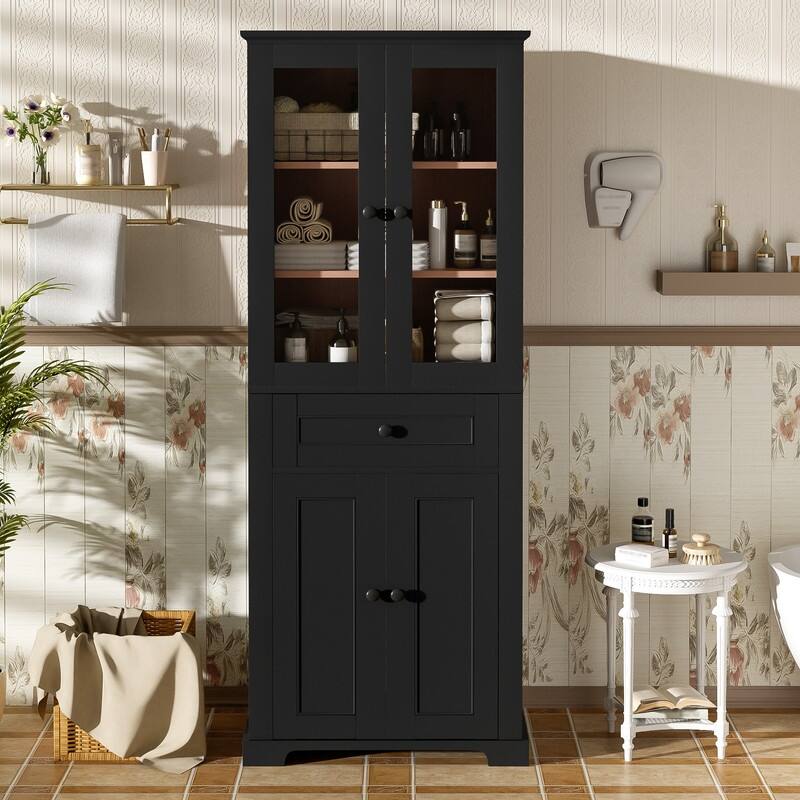 Bathroom Cabinet with Tempered Glass Doors, Adjustable Shelves & Drawer , Soft-Close - Black