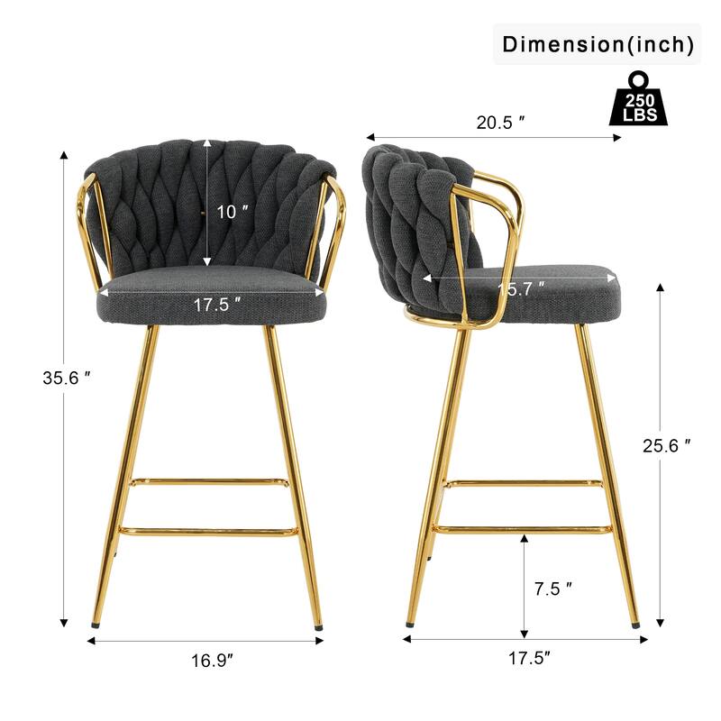 Bar Stools Set of 2, Kitchen Island Bar Chair with Back, Upholstered Low Bar Stools with Footrest and Metal legs