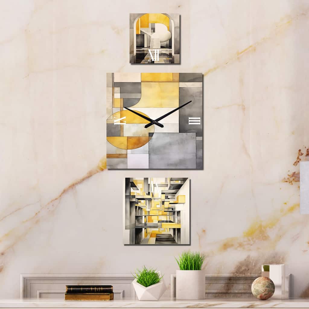 Designart "Yellow and Grey Intersecting Realities III" Abstract Shapes Set Of 3 - Clock For Living Room Décor