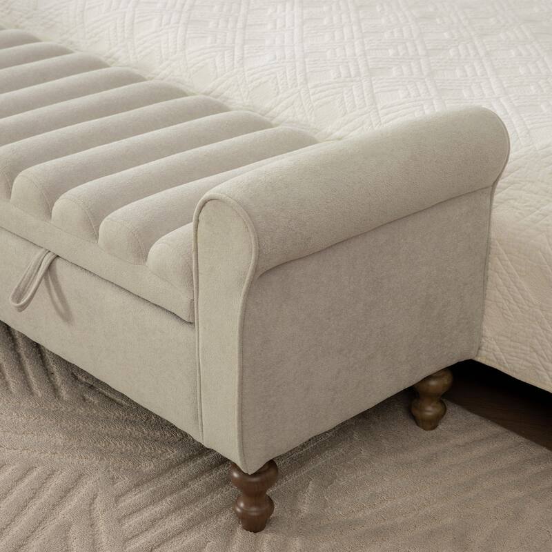 65.6"W Upholstered Storage Bench With Rolled Armrest, Rubberwood Legs