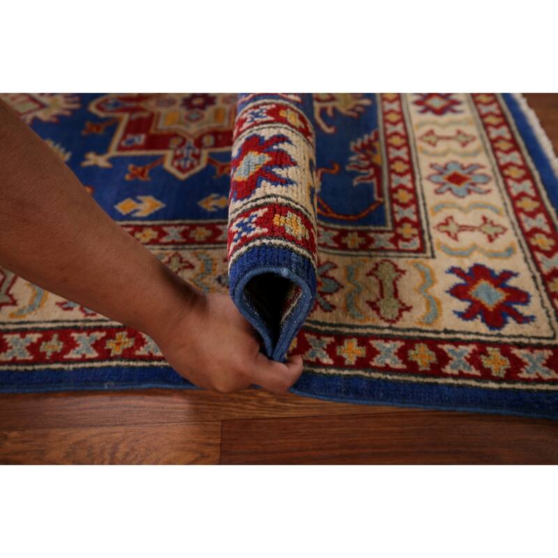 Blue Geometric Kazak Accent Rug Hand-Knotted Oriental Wool Carpet - 3'5" x 4'11"