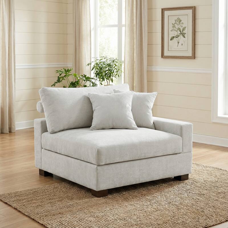Plush Chenille Single Modular Sectional Sofa Chaise with Pillows - Off-White-Sofa R - Right Facing