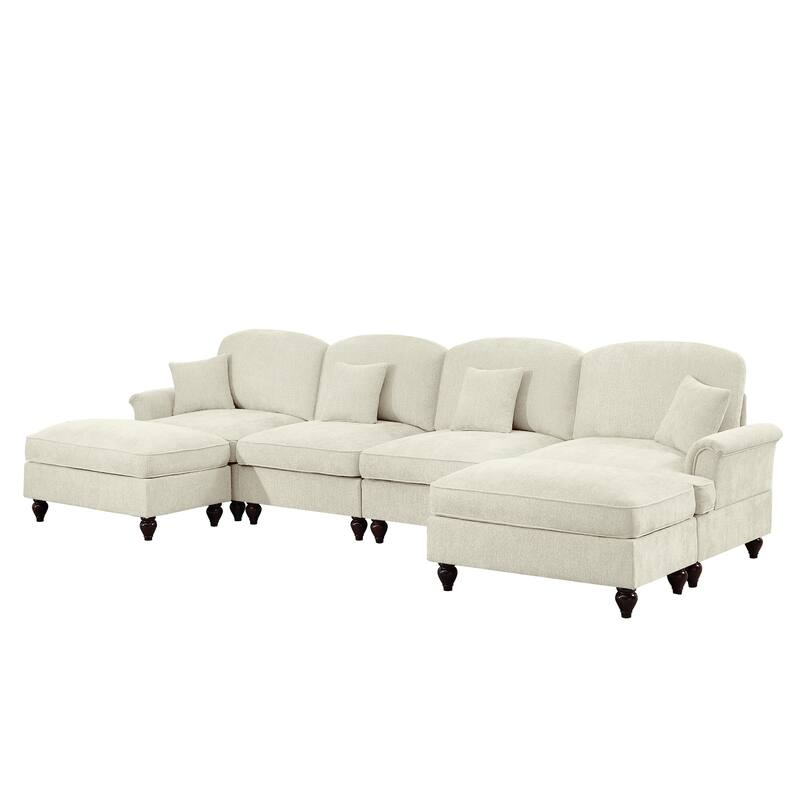 GDFStudio - Classic U-Shaped Chenille 4-Seater 137.8" Sectional Sofa with Ottomans