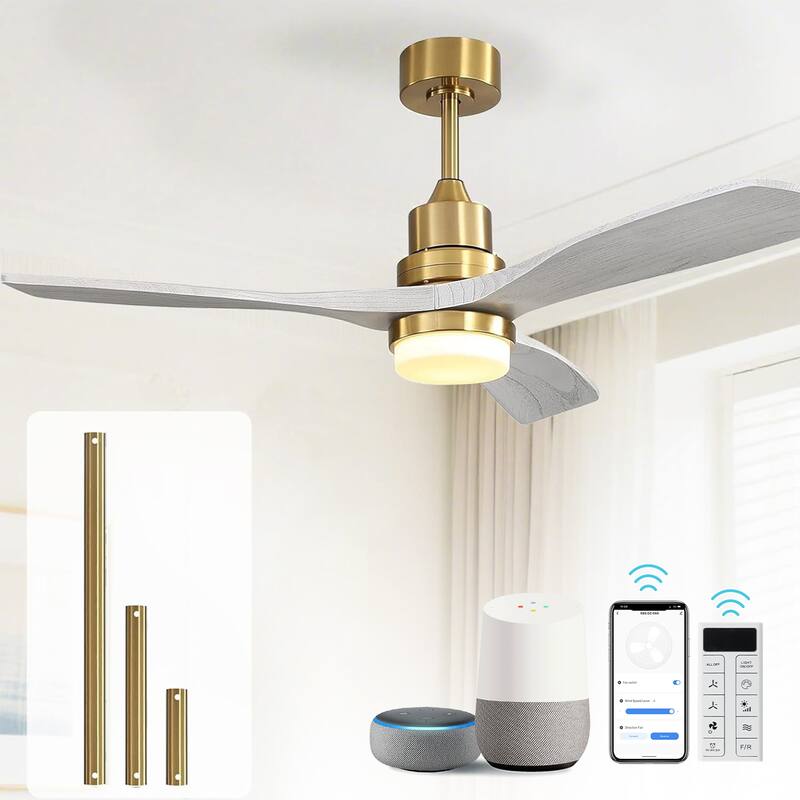 Sofucor 52 Inch Ceiling Fan with Light and Remote,Smart Optional,Quiet DC Motor for Bedroom Living Room Farmhouse Patio Porch - Smart(Remote+APP+Voice Control) - Gold with Gray Solid wood Blades