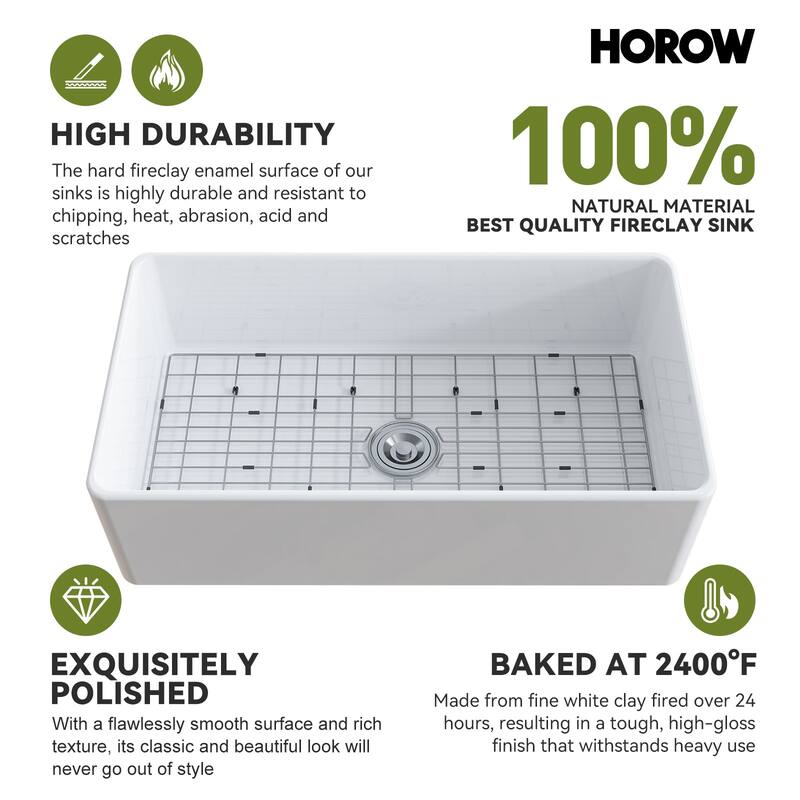 HOROW 36 in. White Fireclay Farmhouse Apron-Front Single-Bowl Kitchen Sink with Bottom Grid and Strainer