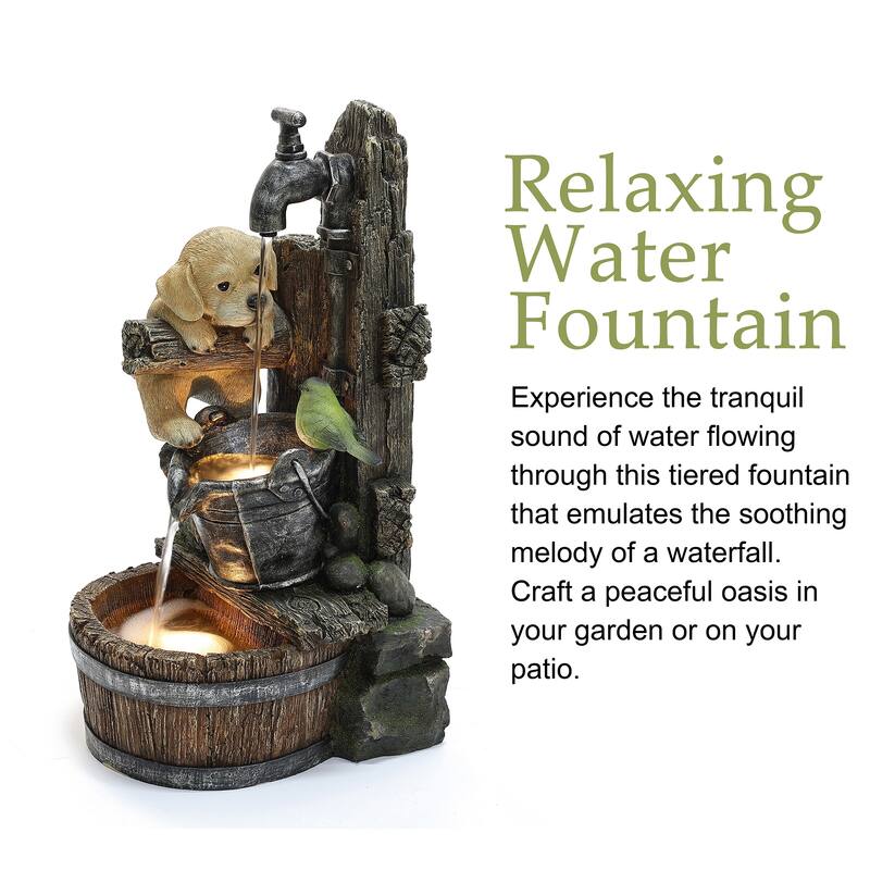Puppy at the Farmhouse Faucet Resin Outdoor Fountain with Lights