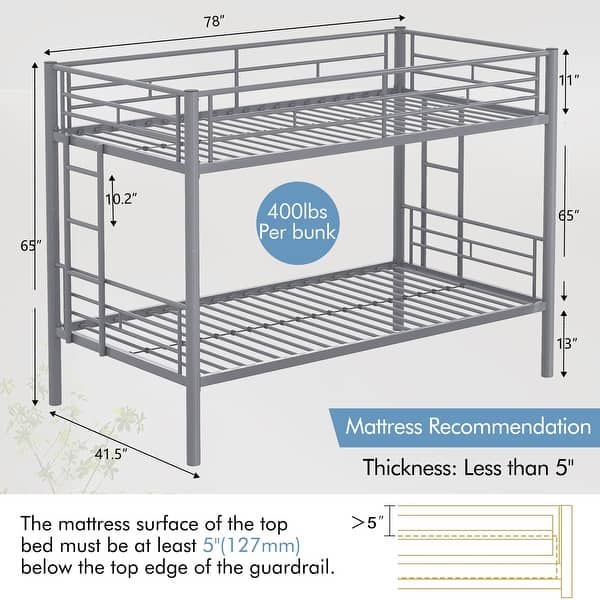 dimension image slide 5 of 7, VECELO Twin Over Twin Metal Bunk Bed Frame for Kids Teens, Heavy Duty Noise-Free Platform Bed, Storage Space